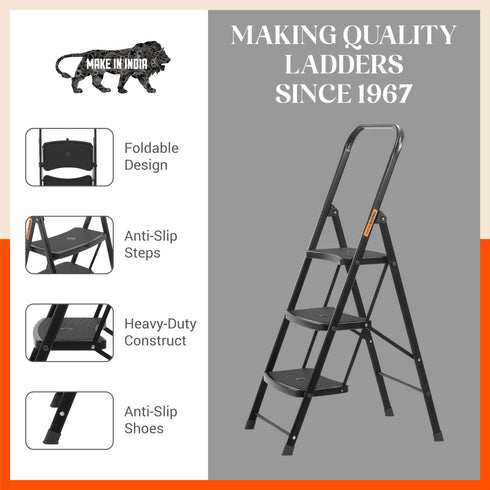 Bathla Boost Rhino 3 - Step Foldable Steel Ladder For Home (Black + Black)